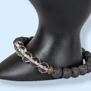 Clear Quartz & Lava Stone Beaded Stretch Bracelet